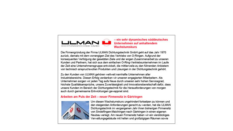 ULMAN - ein sehr dynamisches süddeutsches Unternehmen auf anhaltendem Wachstumskurs